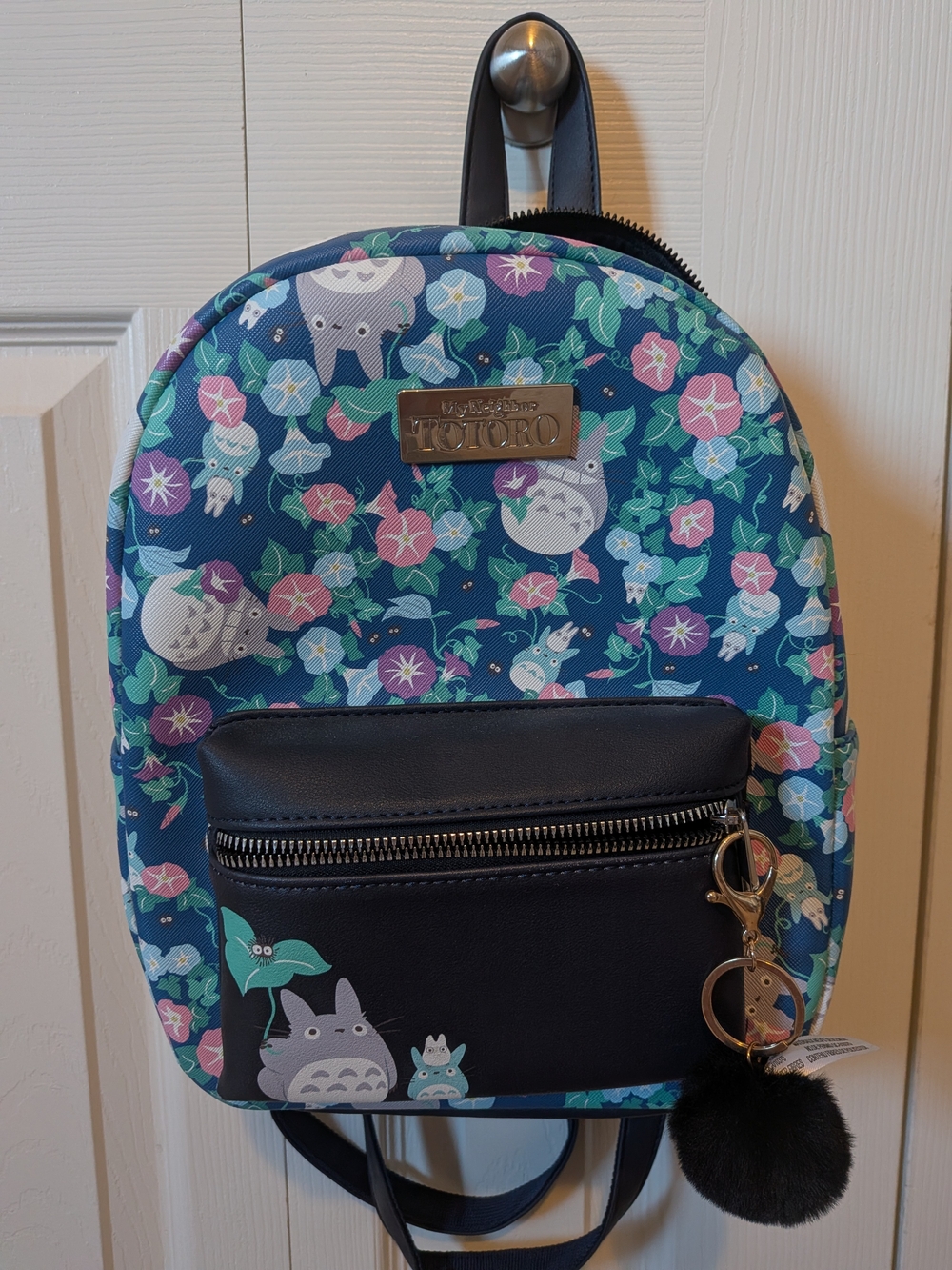 Totoro Navy Floral Mini Backpack with Pom Keychain